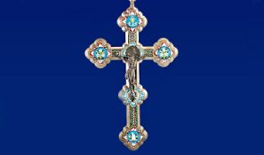 Italian Mosaic Inlaid Crucifix The Silvered Brass Cross Applied With Floral Decorated Cartouches,