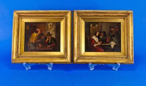 Pair of Dutch Oil Paintings On Oak Panels, In the style of David Teniers. Both depicting tavern