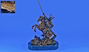 Superb Bronze Of Japanse Samurai Warrior On Horse-Back. Clad in armour and horned helmet. The whole