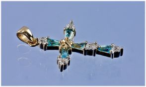 9ct Gold Diamond And Aquamarine Set Cross, Fully Hallmarked, Height Including Bale 31mm