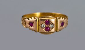 Edwardian 15ct Gold Ruby & Diamond Ring, Set With Four Small Round Diamonds And Rubies Between Two