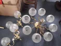 Large Heavy Cast 8 Branch Brass Chandelier in the Queen Anne Style on elegant shaped scroll arms