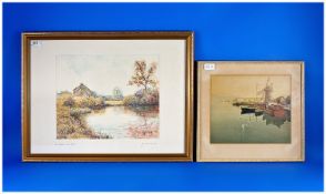 Framed French Watercolour River Landscape Scene. Signed lower right by artist Jean Marie Le Guen, `