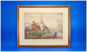 MAx Ludby R.I (1858-1943) Two Ladies Walking On  Path By A Church watercolour. Signed. 14x20.5``.