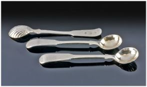 Three Good Quality Russian Silver Condiment Spoons. Each with a shell design to the reverse of the