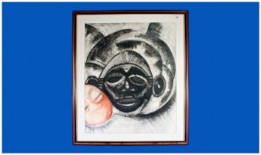 Modern Abstract Framed Charcoal and Pen Drawing `African Mask with baby`s face in coloured tones`.