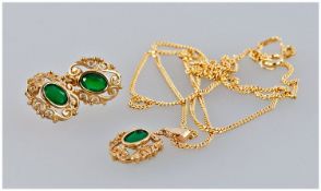 Ladies 9ct Gold and Emerald Set Pendant and Chain, with matching pair of earrings. 4.3 grams.