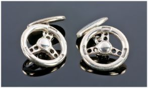 Pair Of Gents Silver Cufflinks, The Fronts Modelled In The Form Of A Steering Wheel.