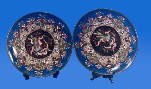 A Matching Pair of Japanese Cloisonne Chargers with a central design of a mythical crane bird in