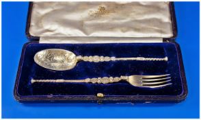 Edwardian Boxed Silver Set Of Matching Ornate Anointing/Seal Spoon & Fork in the medieval style.