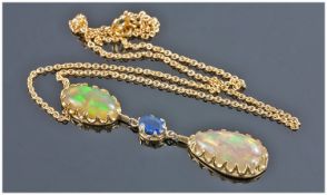 18ct Gold Opal Necklace, Oval Shaped White Opal (13 x 8mm) Suspended Above An Oval Sapphire And A