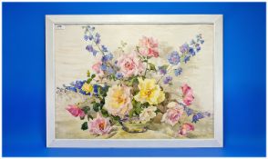Phyllis J Hibbert (local artist). Large framed still life watercolour. Signed lower left. 21 by 30