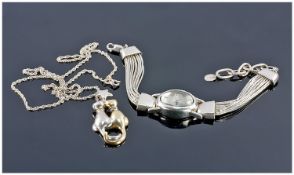 Ladies Silver Fashion Wristwatch, Together With A Silver Cat Pendant And Chain.