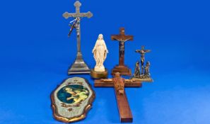 Collection of Religious Crucifixes, a musical figure of Mary and a plaque depicting Mary and Jesus,