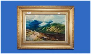 Oil on Canvas, depicting a Scottish highland scene, with a man in the foreground bring in the