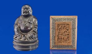 Carved Buddha Figure, 6 inches high with an Indian carved and inlaid card case.