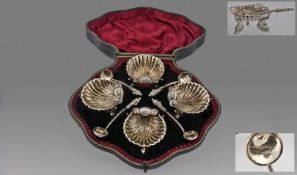 Gorgeous set of four silver salts and spoons by George Unite of Birmingham 1883. Presented in a red