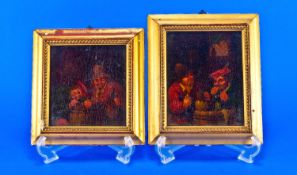 Pair of Dutch Oil Paintings On Oak Panels, In the style of David Teniers. Both depicting tavern