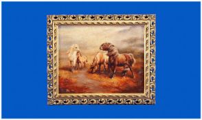 Oil on Board `Dartmoor Ponies`. Unsigned. Gilt frame. Early twentieth century. 11.5 by 9 inches.