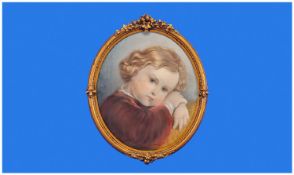 Victorian Pastel Drawing, on oval gilt frame. `Young boy with golden tousled hair`. Unsigned c