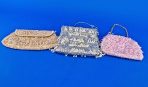 Three Various Beaded Evening Bags comprising Le Soir silver lurex, square, frame bag with rows of