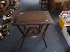 Oak Occasional Table, of two-tier form, the lower half with a half model spinning wheel to middle