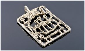 Gilt Metal Modernist Abstract Pendant. Of Openwork Design, Depicting Figures And An Animal Within A