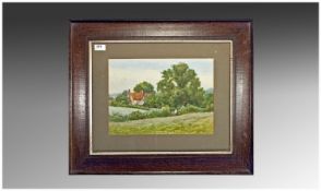 Watercolour of a Country Scene. Framed. `Man in field gazing at his house`. Signed lower right H