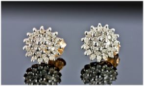 9ct Gold Diamond Cluster Earrings. Stamped 9ct