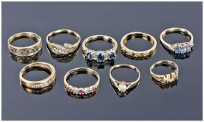 A Ladies Collection of Assorted 9ct Gold Stone Set Rings, some rings set in diamonds and sapphires,