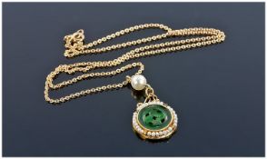 18ct Gold Jade And Pearl Pendant, Central Carved Green Jade Surround By A Band Of Seed Pearls, All