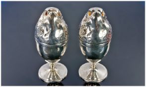 An Attractive Pair of Egg Cups and Coddlers. Realistically designed as baby birds. Each on a stem
