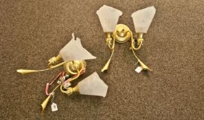 Pair of Contemporary Brass Wall Lights, each of two branch form, frosted shades.