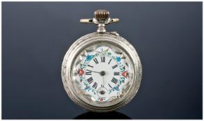 Silver Cased Open Faced Pocket Watch, Painted Dial With Roman Numerals. 46mm Silver Case.