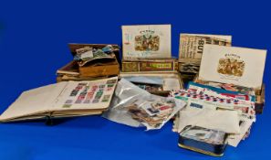 Six Cigar Boxes Full of World Stamps, mostly on paper, from Switzerland, Peru, Australia, Canada,