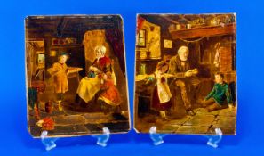 Pair of Victorian Processed Paintings on Paper laid on board (Oilographs). Cottage interior, `