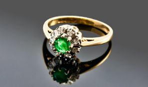 9ct Gold Diamond And Emerald Ring, Central Emerald Surrounded By Round Cut Diamonds, Fully