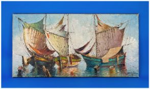 Oil Painting on Canvas `Fishing Boats on Mediterranean`. Signed by Bruzac, lower left. 32 by 16