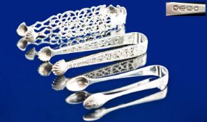 Three pairs of good quality Victorian silver sugar tongs. 1. The smallest set fully hallmarked for