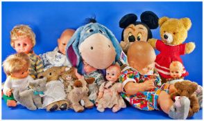 Large Winnie the Pooh ``Eeyore`` and Mickey Mouse along with a collection of dolls and teddies etc.