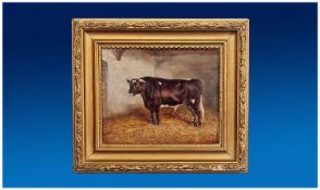 Late Victorian Oil on Board `Prize Bull`. Unsigned. 10 by 8.5 inches.