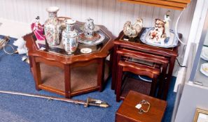 Modern Mahogany Effect Nest of Tables, together with an octagonal glass topped table.