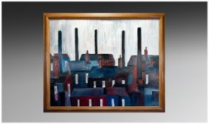Mark Hall `Industrial Town` Oil on Board. Signed lower right. Framed. 33 x 27 inches.