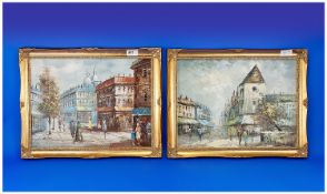 Pair of Modern Impressionist Street Scenes, gilt frames. 15.5 by 11.5 inches.