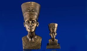 Bronzed Resin Busts of Queen Nefertiti, two, one large at 12 inches high, the other small at 6.5