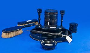 Ebony Dressing Table Set, Comprising Two Candle Holders, Brush, Tray, Parasol Handle, Ring Tree,