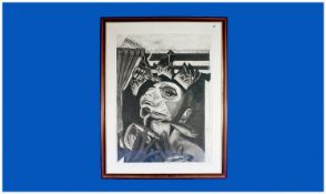 Modern Abstract Framed Charcoal and Pen Drawing `Jester Holding Fish`. Unsigned. 27 by 36 inches.
