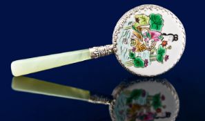 A Chinese Silver Enamel and Hard Stone Dressing Table or Handbag Mirror. The reverse of the round