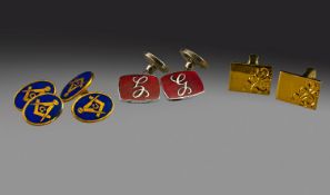 Pair Of Gilt And Enamel Masonic Cufflinks, Oval Fronts And Backs With Chain Fittings, Unmarked.