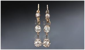 18ct Gold Diamond Set Drop Earrings, Each Set With Three Millegrain And Claw Set Round Cut
